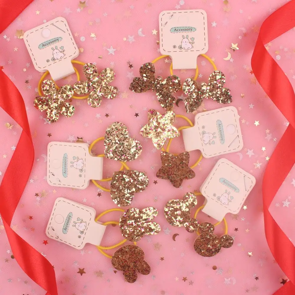 Новые золотые светящиеся чешуи с сердечками, бабочками, звездами, цветами для девочек, аксессуары для волос для детей, эластичные резинки для волос