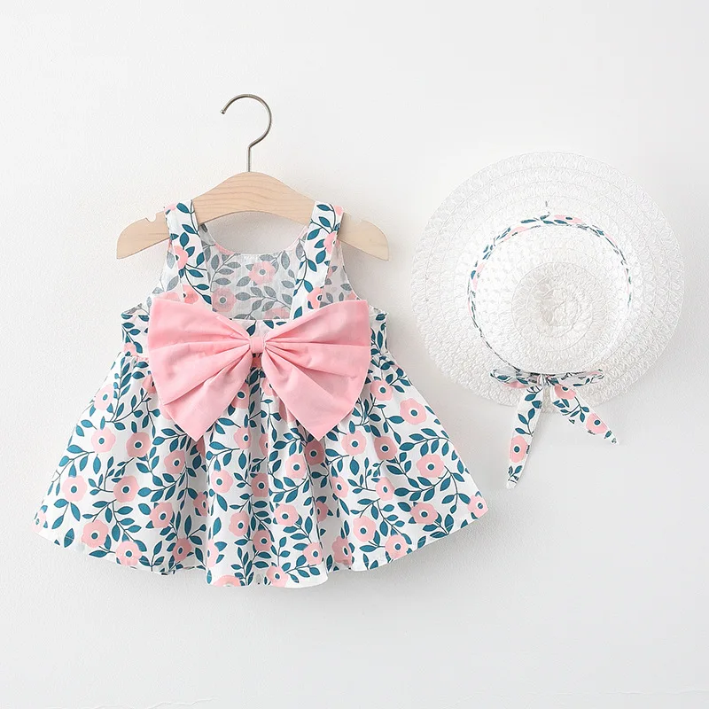 

Summer New Fashion Baby O-neck Sleeveless Infant Girl Children Clothes Suspender Skirt Floral Printed Dress Straw Hat Set