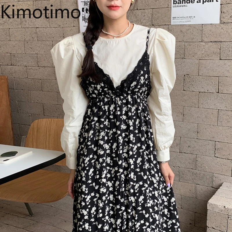 

Женский комплект из двух предметов Kimotimo, Корейская Осенняя Свободная рубашка с круглым вырезом и пышными рукавами + кружевной лоскутный Цве...