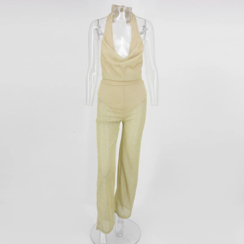 Ohvera, блестящий длинный комбинезон с лямкой на шее для женщин,, открытая спина, Облегающий комбинезон, женский комбинезон, сексуальный, элегантный, Macacao Feminino
