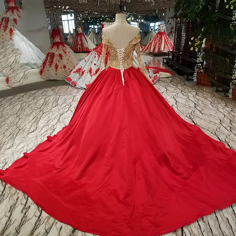 LS32945 2018 от плеча красное атласное вечернее платье длинный рукав A liner illusion простая