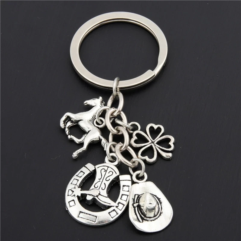 

1pc Clover Charms Boot Keychain Cowboy Hat Keyring With Horseshoe Pendant Jewelry Cowboy Gift E1660