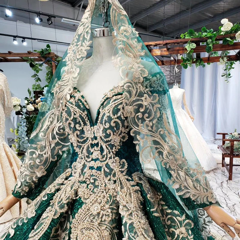 HTL744 evening dress long sleeve v neck floor length ball gown pattern green veil occasion dresses for women robe longue soiree