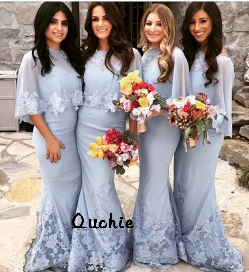 

Silver Chiffon Mermaid Long SexeMara Bridesmaid Dresses Peplum Tiered Ruched Custom Fit Vestido De Festa De Casamento Longo