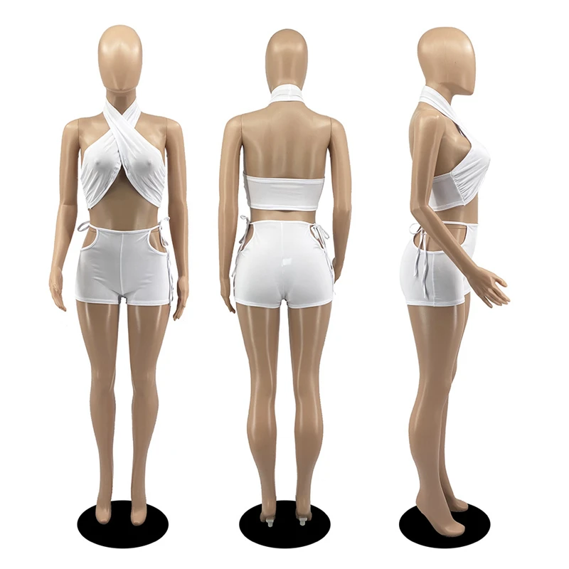 

Summer 2 Piece Set Sleeveless Halter Crop Top + Lace Up Hollow Out Biker Shorts Casual Outdoor Sports Suit Nightclub Streetwear