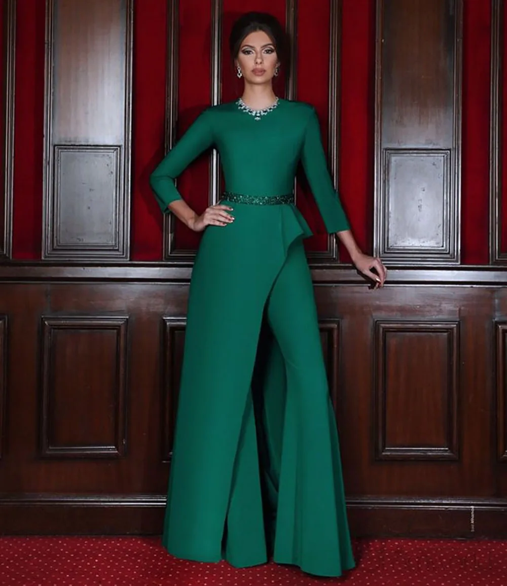 

New Evening Dress Elegant Emerald Green O-Neck Beading Three Quarter Sleeves Asymmetrical Satin vestidos de gala Evening Gown