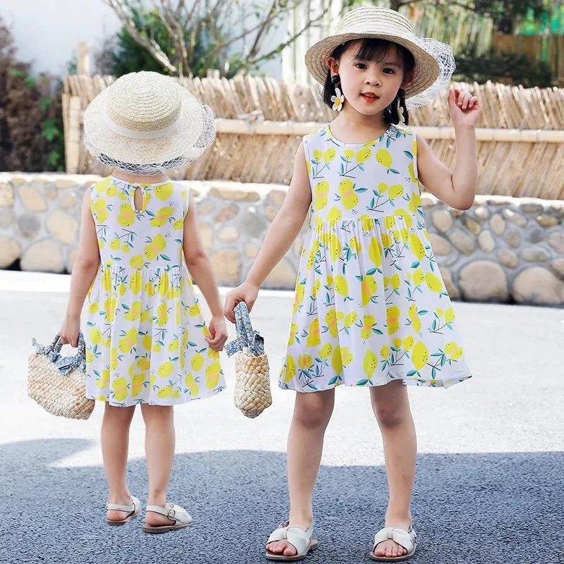 

Girls Summer Knee-Length Dress Sleeveless Fruit Print Clothes Casual Summer Cute Short Dresses Princess Robe Baby Sling Sundress