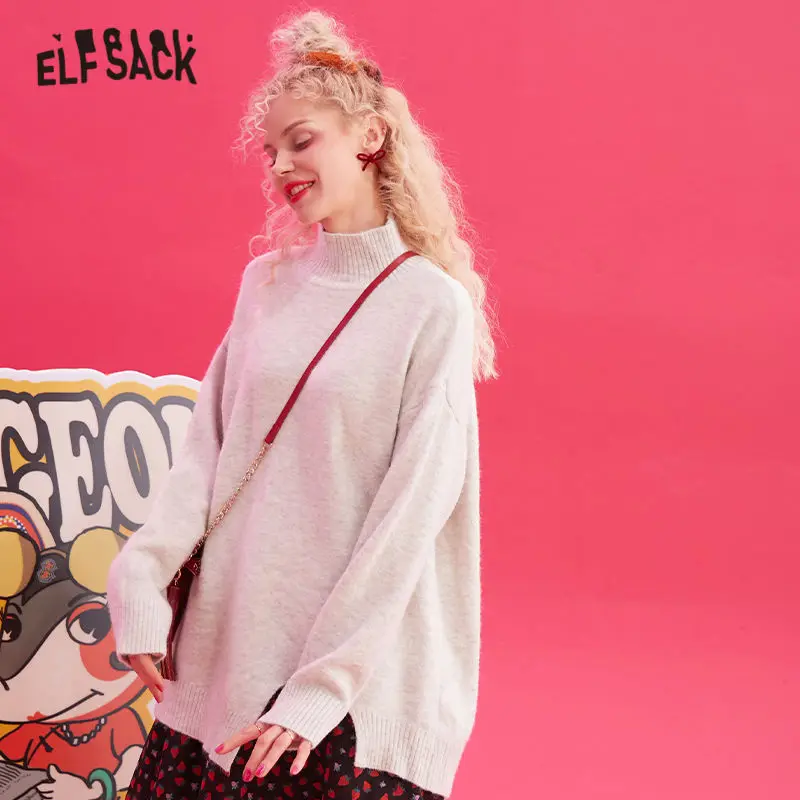 ELFSACK Multicolor Solid Casual Knit Split Pullover Sweater Women 2020 Winter Pure Korean Drop Shoulder Sleeve Ladies Basic Tops | Женская