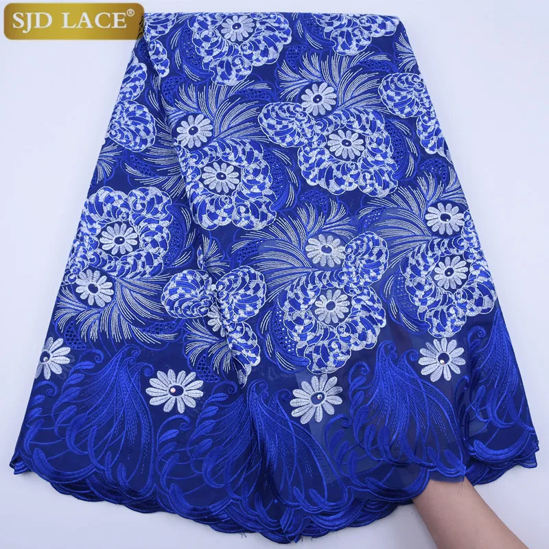 SJD Кружева Королевский синий швейцарский вуаль кружева в Швейцарии с камнями
