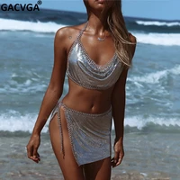 gacvga sexy metal beach crop top and skirt set vacation fitness t shirt women summer tops sequined dress suits cropped feminino