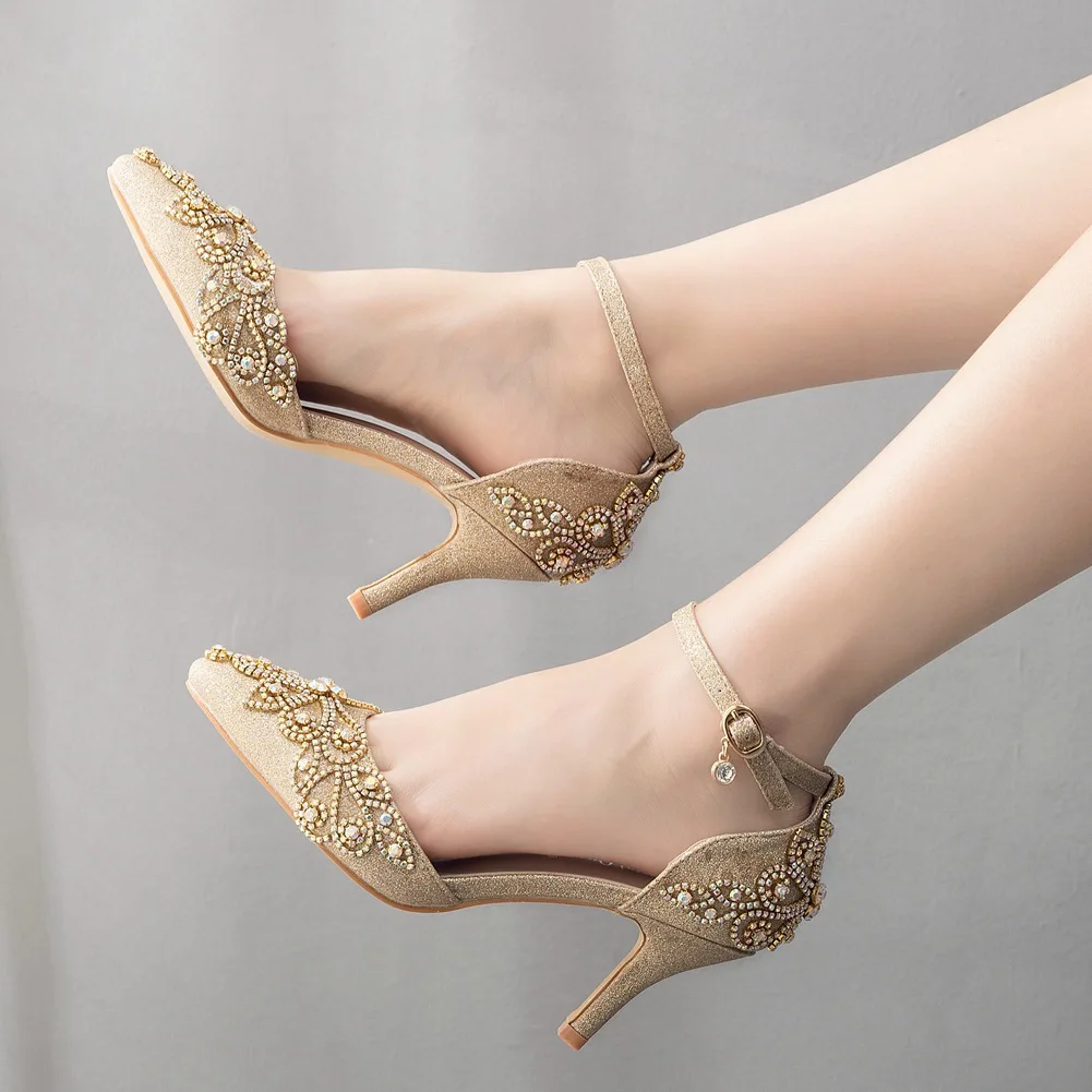 Champagne gold Bridal Wedding Shoes Crystal decoration Party Dress Shoes For Women Thin Heels Sandals Ankle Strap High Heels