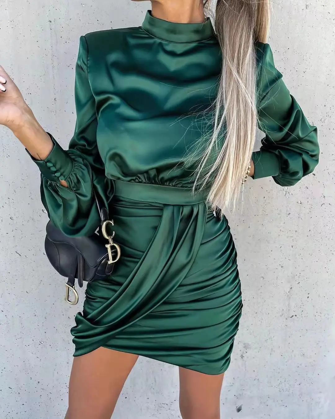 

Casual Slim Bandage Bodycon Mini Dress Autumn Turtleneck Draped Satin Party Dress Women Spring Solid Long Sleeve Office Dresses