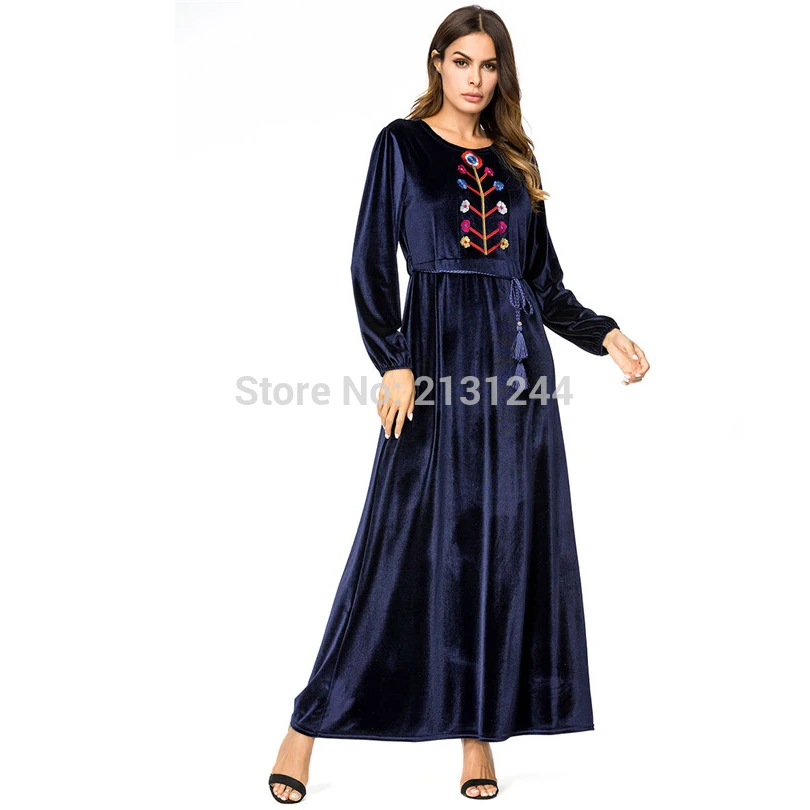 Элегантное макси платье Абая бархат вышивка цветок зима мусульманский длинный