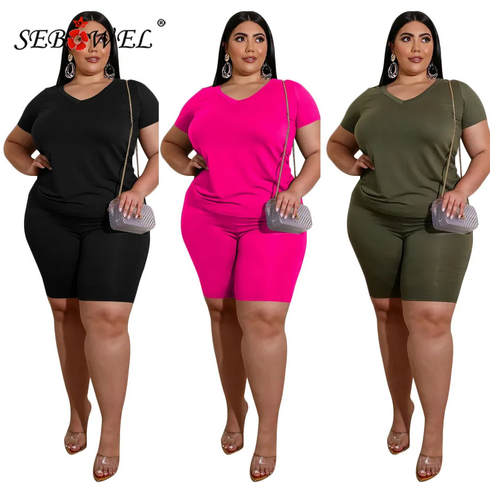 

Женский Повседневный однотонный комплект SEBOWEL из футболки и шортов с V-образным вырезом для лета, женский топ с коротким рукавом и шорты, оде...