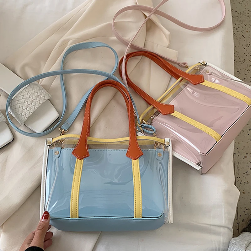 

Summer Fashion Women Clear Bags 2021 Stitching Color Clear Handbag Shoulder Bag Transparent Composite Designer Tote Bags Beach