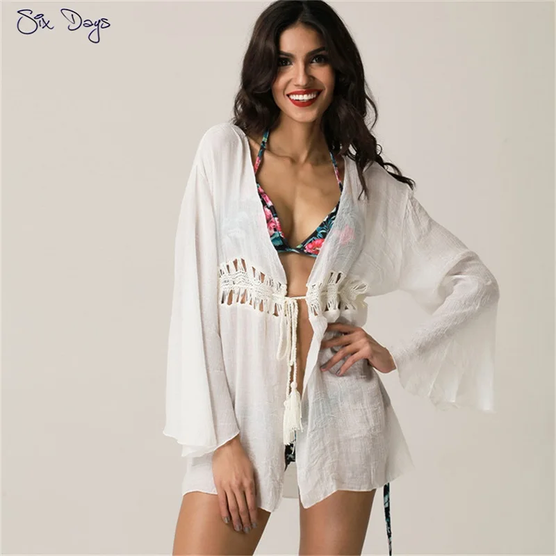 

Sexy Hollow Out Women's Swimwear 2021 Summer Bikini Beach Cover Up Long Sleeve Tops Girl BeachwearLoose Sunscreen Clothing White