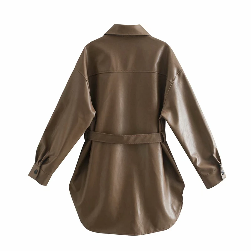 

Streetwear Women Brown Faux Leather Jacket 2020 Fashion Ladies Turn Down Collar Coats Elegant Female Chic Button Sashes Coat