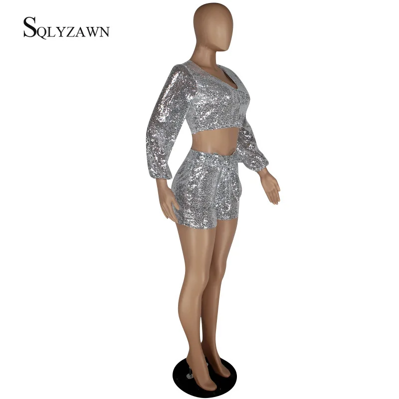 Женский комплект из двух предметов короткий топ с блестками и длинным рукавом |