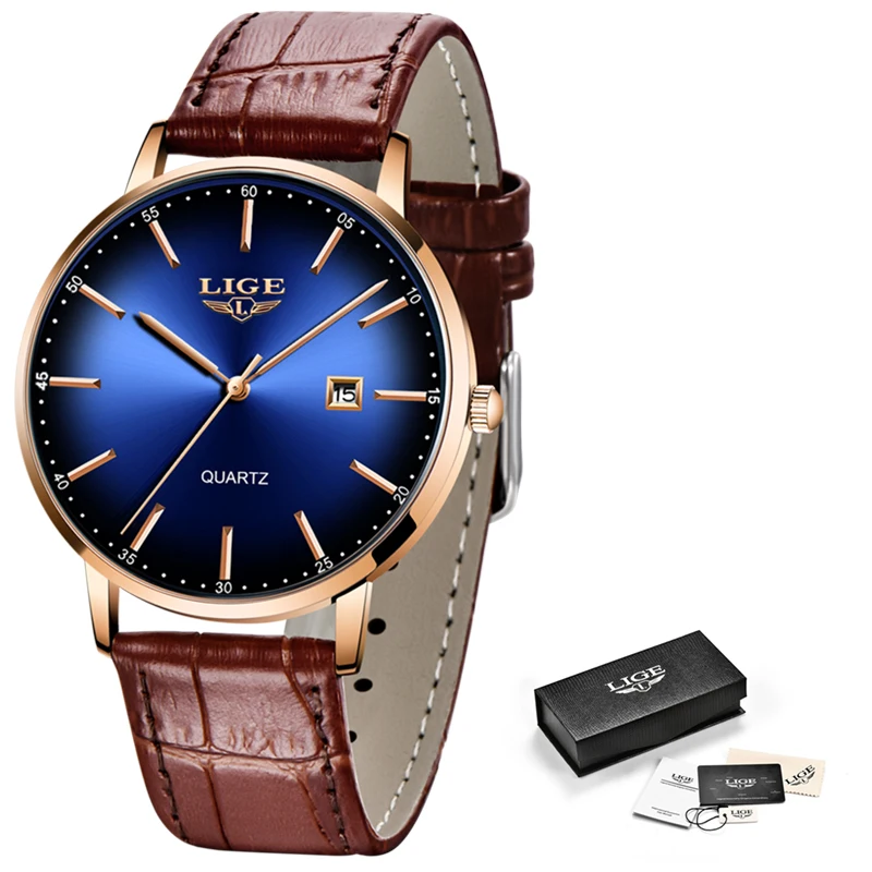 

LIGE 2020 New Casual Leather Mens Watches Top Brand Luxury Fashaion Gold Watch For Men Sport Wristwatch Waterproof Quartz Clock