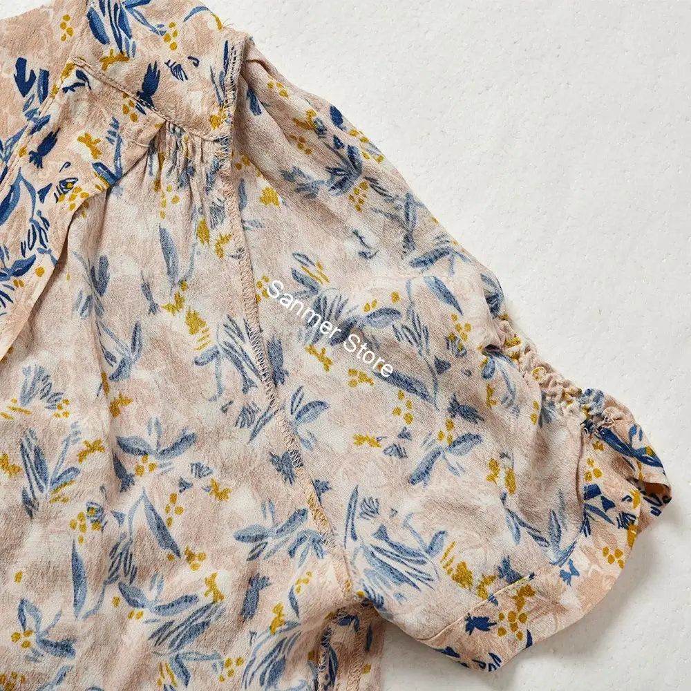 

Spring Summer Women's Dress Vintage Flroal Printing V-neck Short Puff Sleeve Lace-up Single Breasted Sashes Female Long Robe