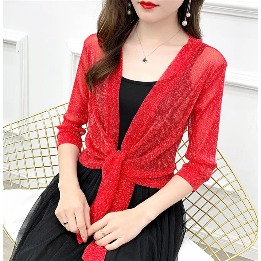 Новинка летняя женская блузка Gowyimmes Женский однотонный кардиган Короткие блузки