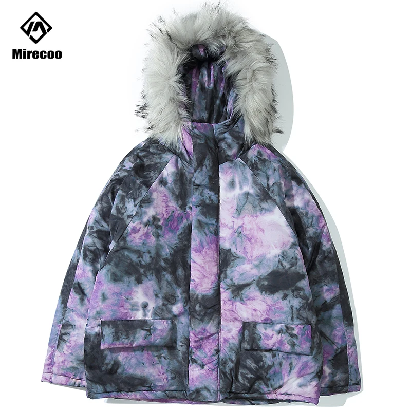 Куртка мужская зимняя со съемным меховым воротником и принтом граффити | Мужская