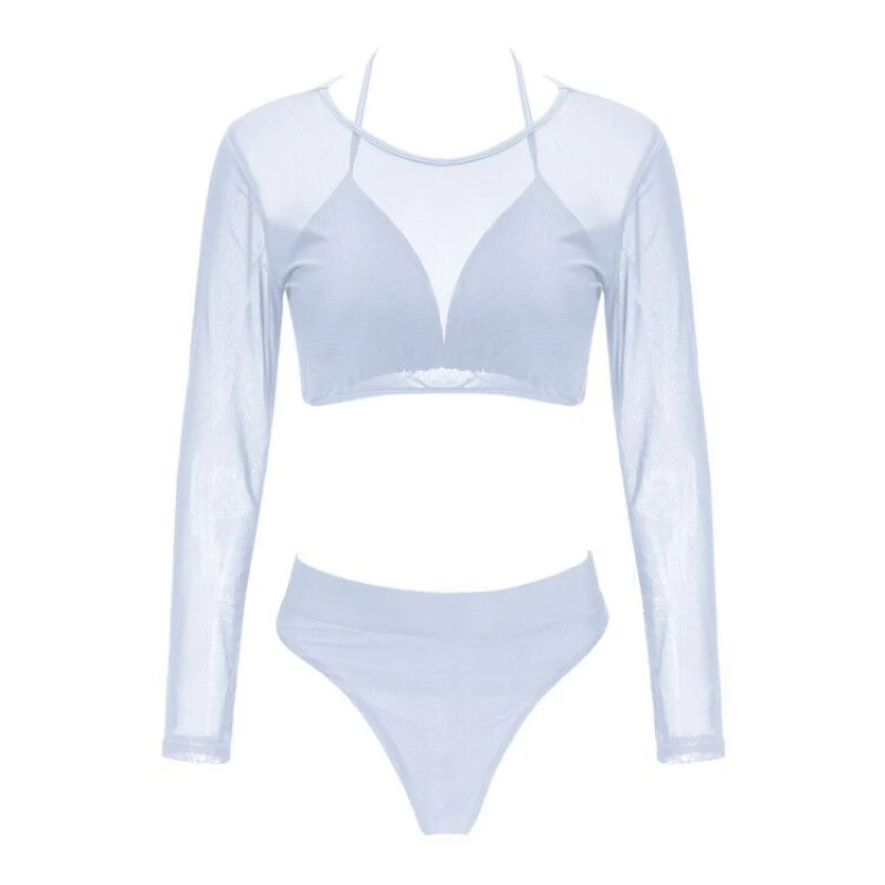 

Black Swimsuits Three Piece Women 2021 Long Sleeve Round Neck Hollow Out High Waist Beach Sexy Swimwear