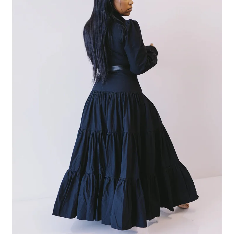 

New Fashion Solid Vintage Women Long Maxi dress Turn-down Collar Long Sleeve Buttons Up Patchwork split dress