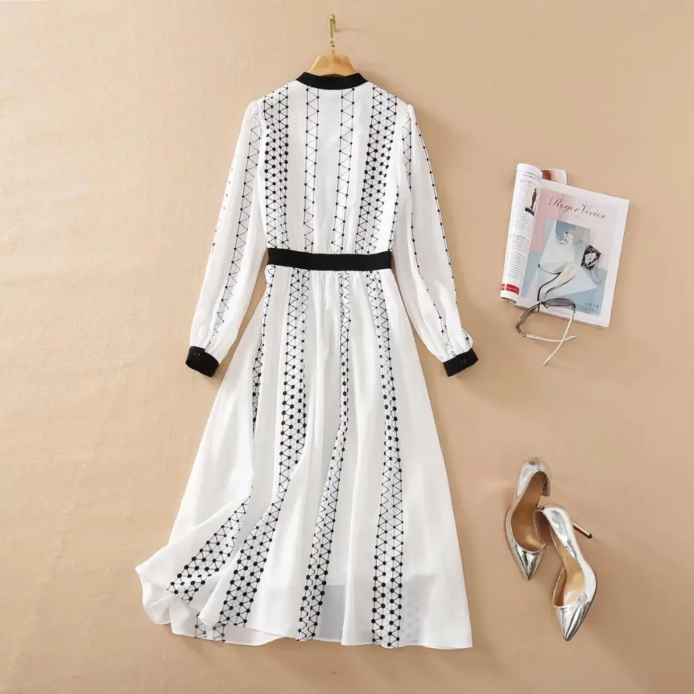 

Spring Runway High Street Dresses Lady Noble Full Sleeve Colour Block Geometry Print Chiffon Vocation Vestidos