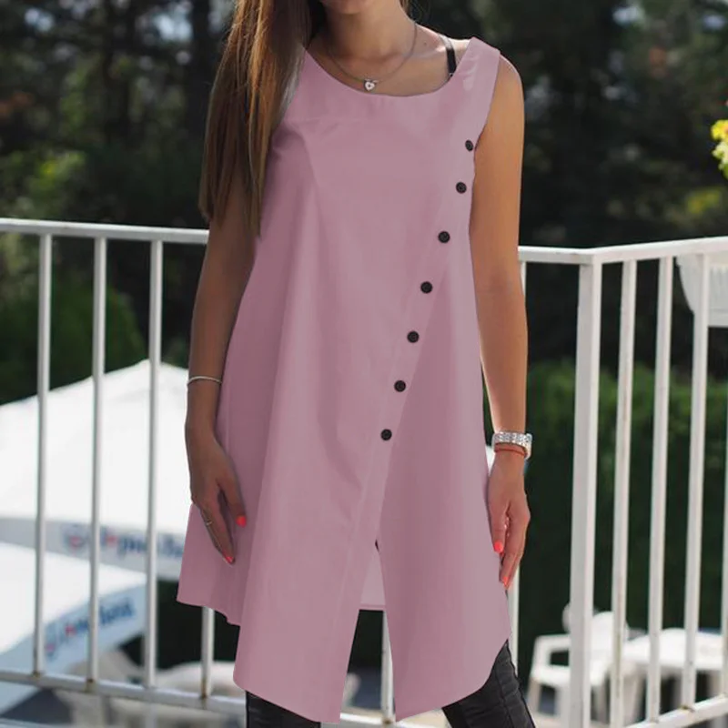 Pink Винтажные блузки, женские Асимметричные туники, топы, летние, без рукавов, на пуговицах, повседневные, с разрезом, Длинные рубашки размера плюс, блузки - Цвет: Pink