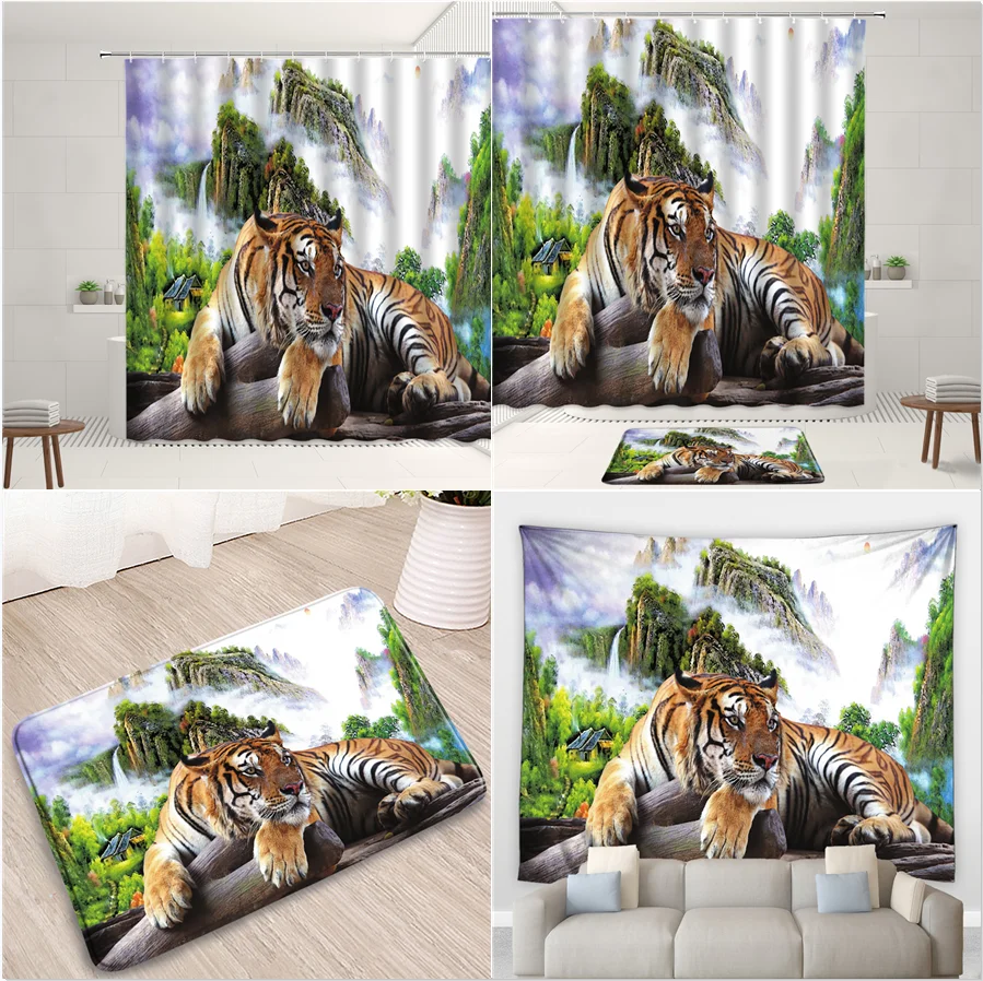 

Wild Animals Bathroom Bathtub Set Forest Ferocious Tiger Flannel Non-Slip Carpet Shower Curtain Home Decor Wall Hanging Blankets
