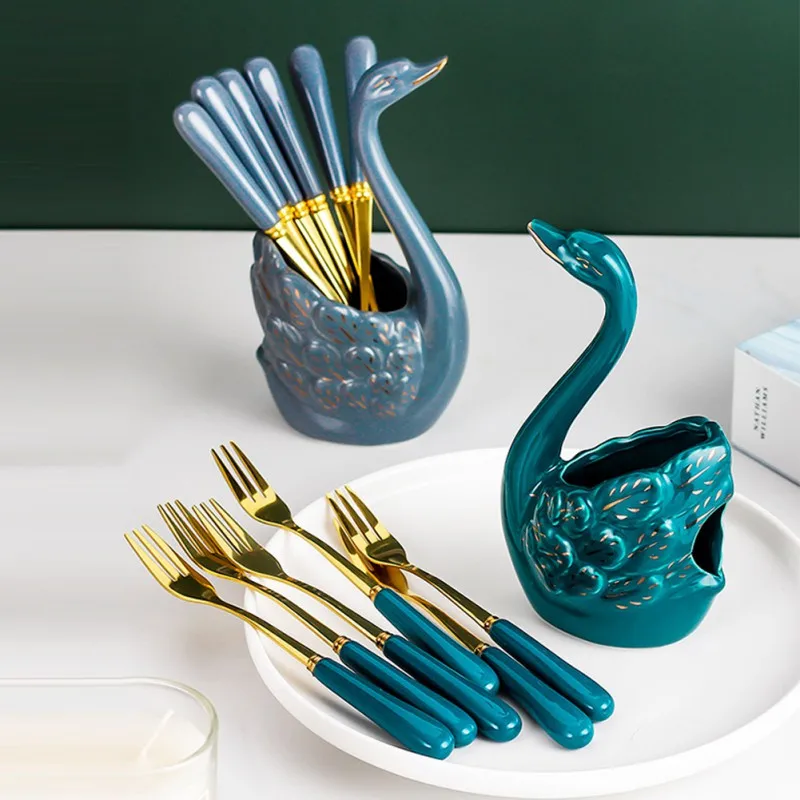

Norbi Forks Dinnerware Set Swan Fruit Base Holder Forks Set Salad Cake Dessert Forks Stainless Steel Kitchen Desktop Decoration