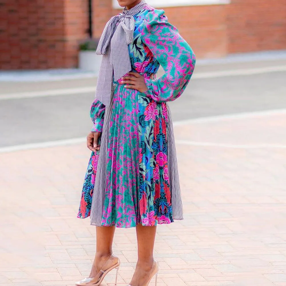 

African Women Vintage Color Block Print Office Lady Work Wear 2021 Spring Retro Long Sleeve High Waist Midi Floral Pleated Dress