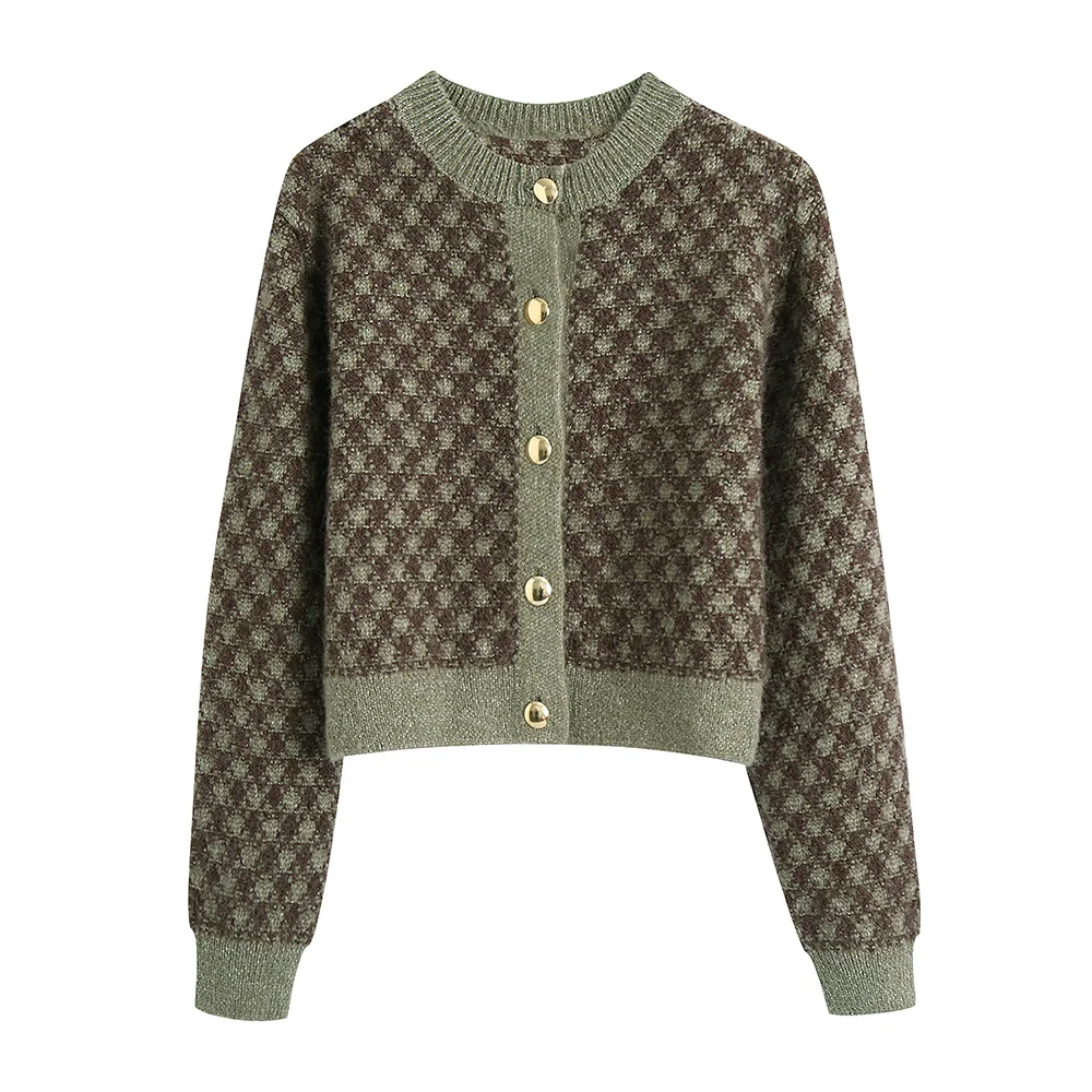 

Cropped Cardigan Sweater 2022 Crew Neck Long Sleeve Winter Sweaters Women Clothes Gold Button Up Vintage Check Knitted Cardigans