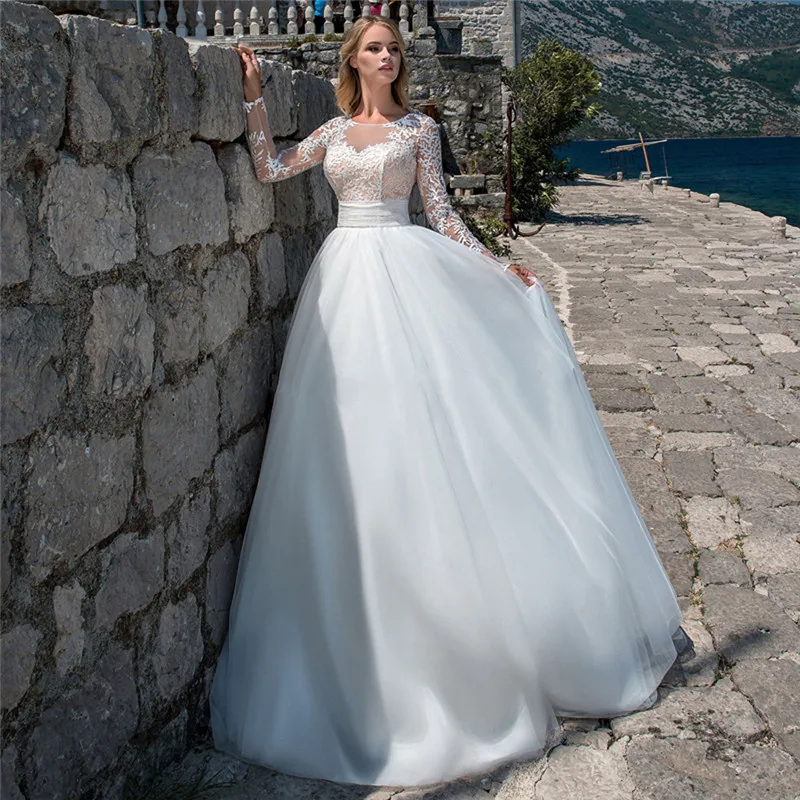 

Женское свадебное платье с длинным рукавом, белое платье цвета слоновой кости с круглым вырезом и кружевной аппликацией, свадебное платье до пола