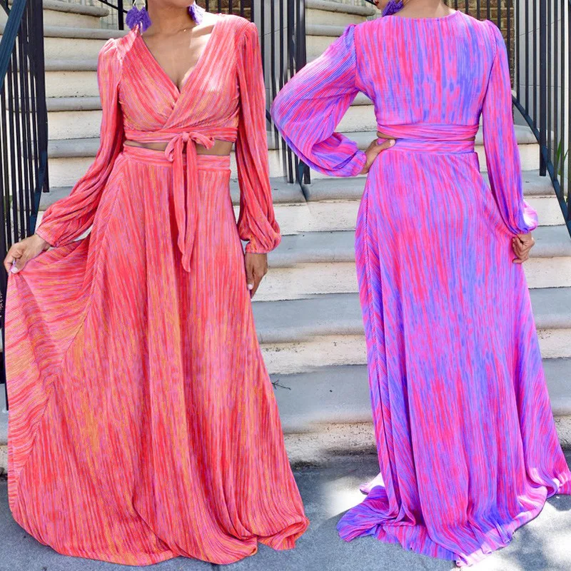 

Женский костюм с длинным рукавом, топ на шнуровке, свободная юбка в пол, 2021