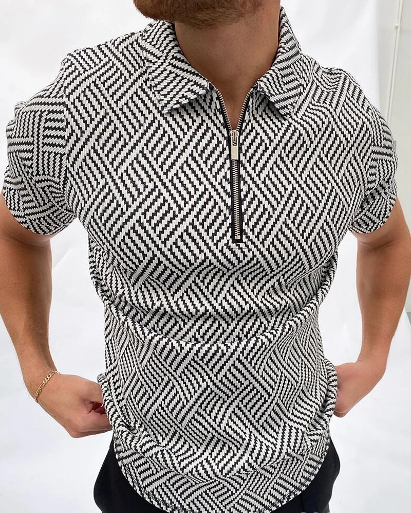 

2021 Luxury Casual Black Solid Patchwork Plaid Men Polo Shirt Zipper Short Sleeve Tee Shirt Men Vintage Zipper Lapel Top