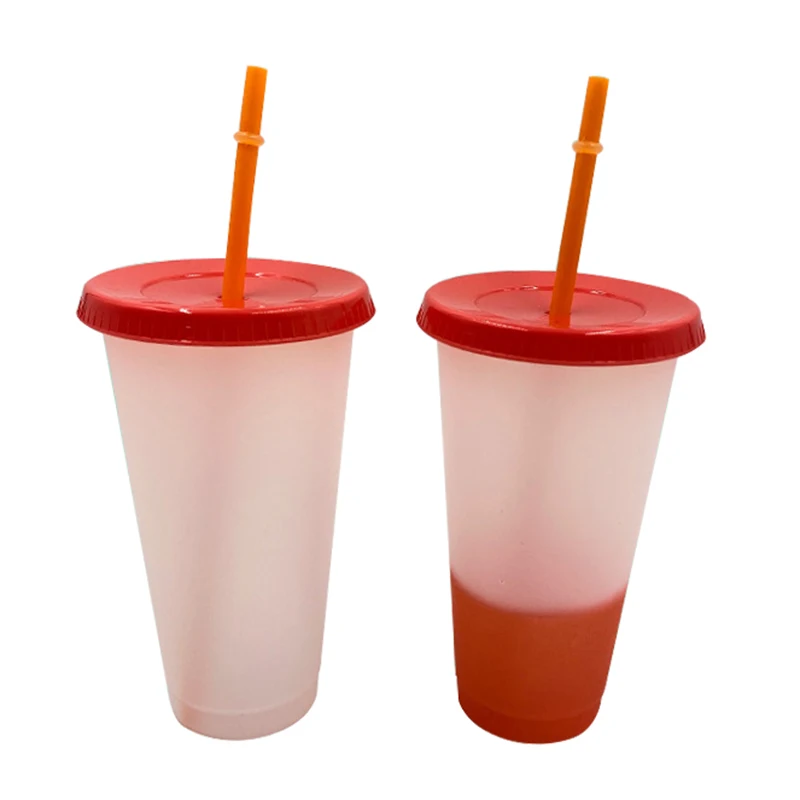

1/5PCS Reusable Color Changing Cold Drink Cups Summer Plastic Juice Tea Cup Magical Water Bottles Cup With Lid and Straws