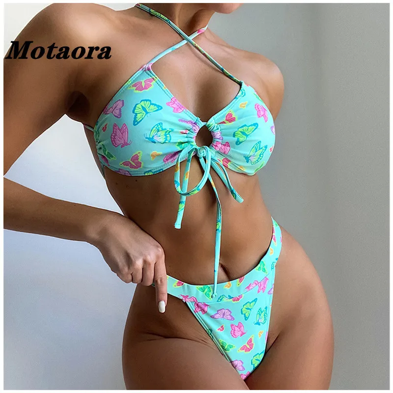 

New Butterfly Print Bathing Suit Women Backless Swimwear High Waist Beachwear Sexy Thong Bikini Set Two Pieces Bandage Swimsuit
