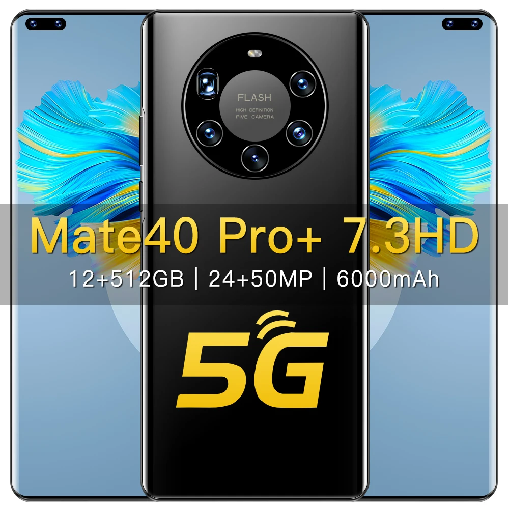 Tel&eacute;fono Inteligente Mate40Pro de 7,3 pulgadas, 24 + 50MP, MTK6889, 10 n&uacute;cleos, 512GB + 12GB, c&aacute;mara 4G/5G, GPS, identificaci&oacute;n facial, elegante, gran oferta-0
