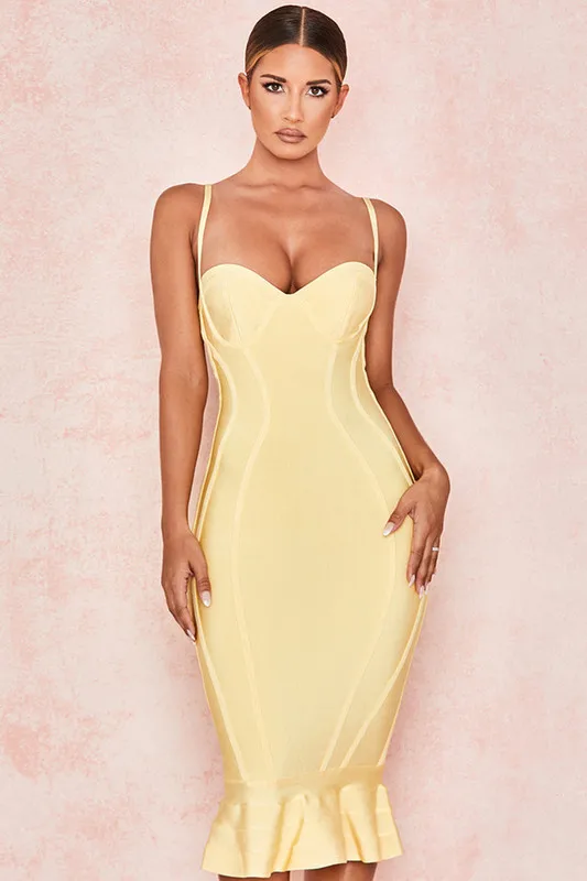 

High Quality Pink Yellow Knee Length Rayon Bandage Dress Evening Party Elegant Dress