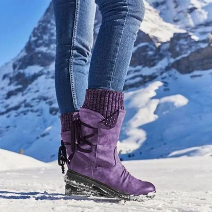 

2020 Women Boots winter autumn girls Flat Heel Boot Fashion Knitting Patchwork shoes women's shoes