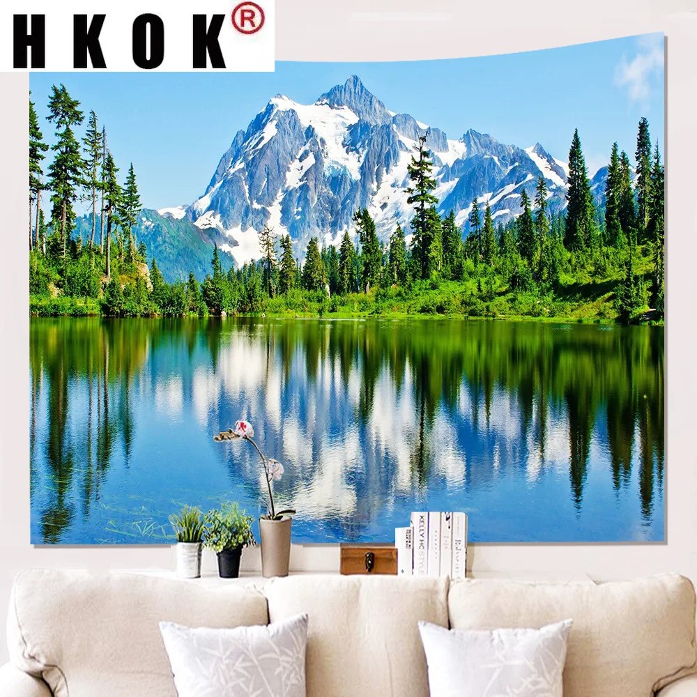 

HKOK Lake Forest Snow Mountain Landscape Tapestry Hanging Covering Rugs Background Cloth Beach Blanket Art Living Home Decor