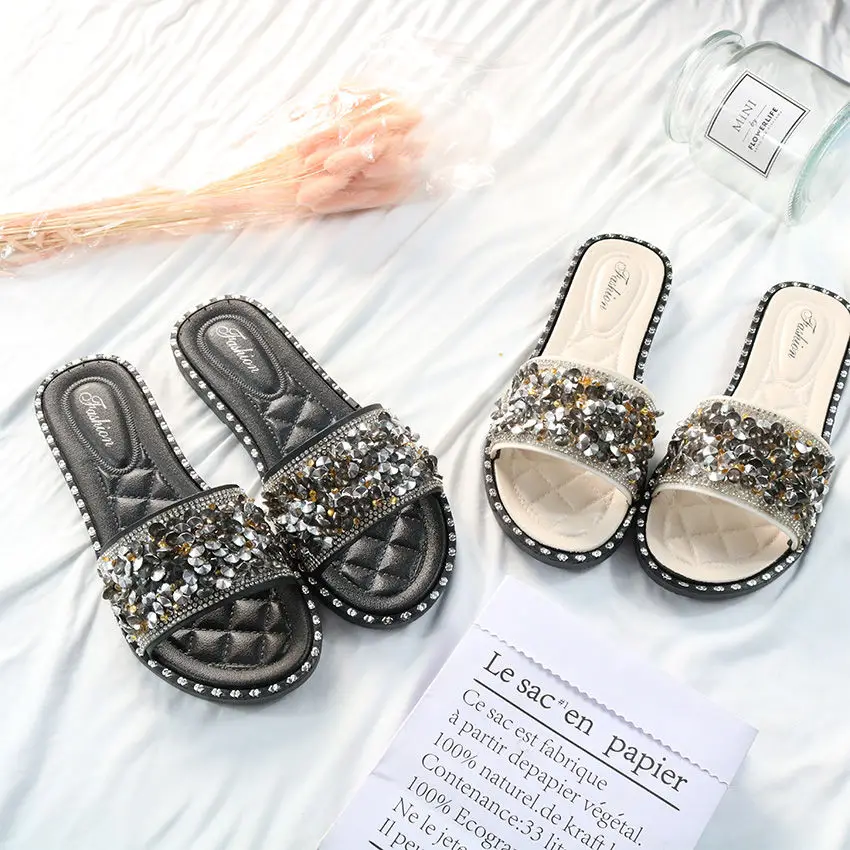 

Rhinestone Woman Slippers Summer Women Flip Flops Flat Outdoor Lady Beach Shoes Sequins Bling Female Non-slip Home Slippers New