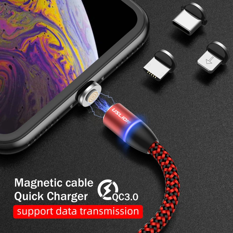 Магнитный usb кабель Type C 3A для быстрой зарядки Micro нейлоновая светодиодная оплетка