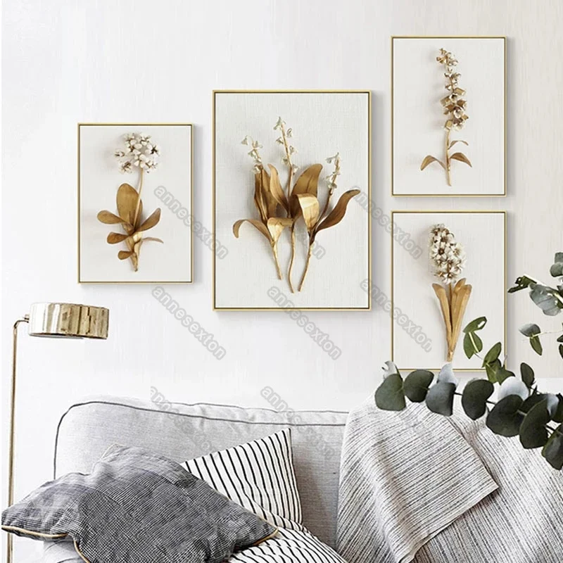 

Art Pictures White Flowers and Golden Yellow Leaves Nordic Style Canvas Painting Poster and Print for Home Rooms Wall Decoratio