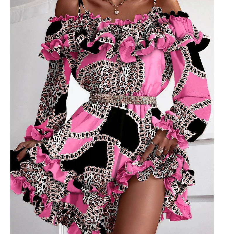 

Print Slash Neck Ruffle Mini Dress Spaghetti Strap Off Shoulder Autumn Women Casual Puff Sleeve Dress Elegant Party Vestidos