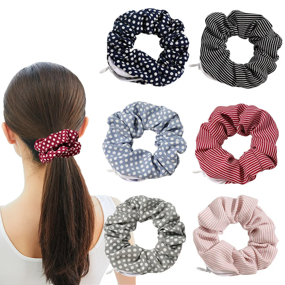 

Hot Selling Stripe Dots Pocket Wallet Hair Scrunchies Zipper Women Large Intestine Elastic Hair Band Hair Tie Hair Accessories