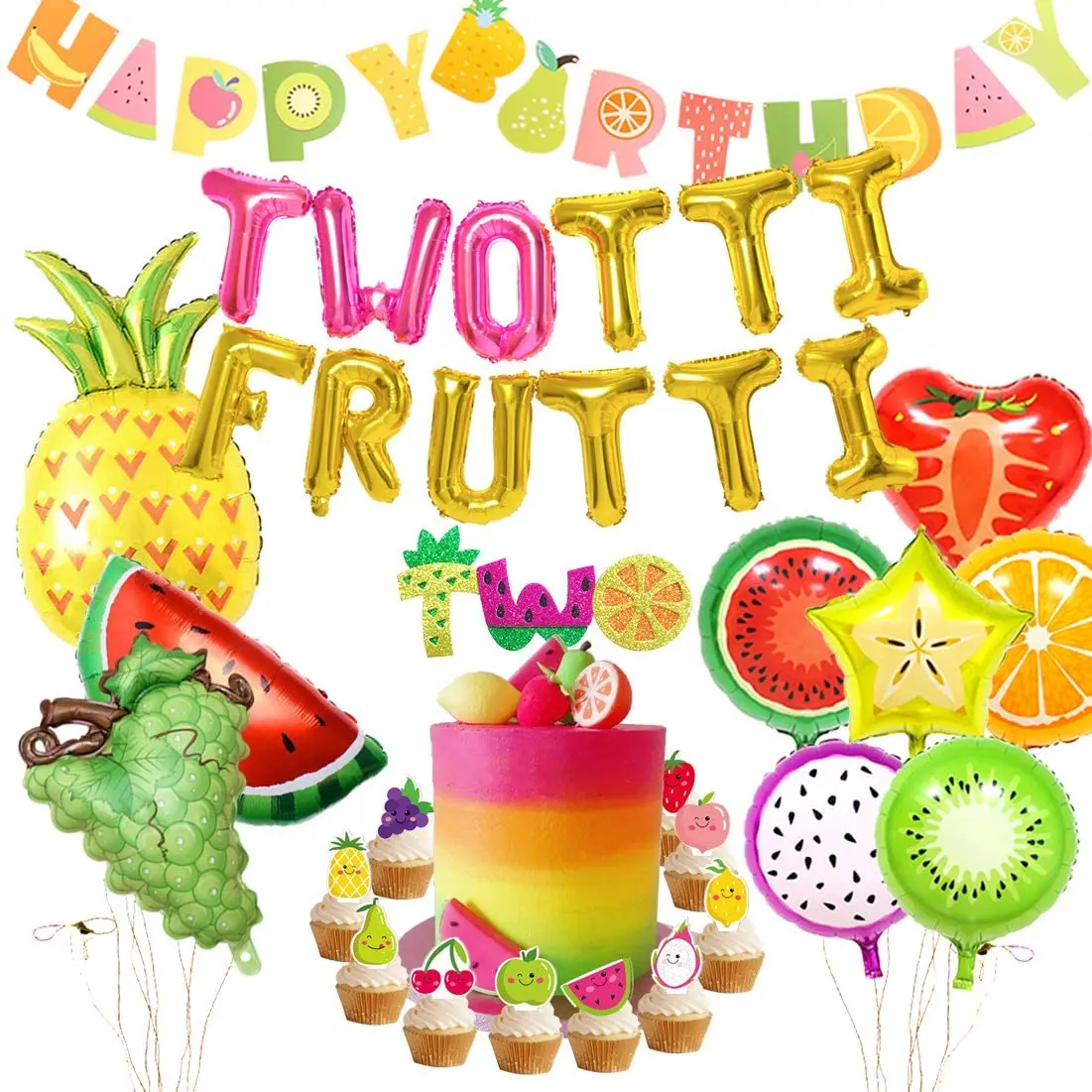 Kit decorazione festa di compleanno palloncino Twotti Frutti Banner buon compleanno due Cake Topper per ragazze 2 anni 2 ° compleanno