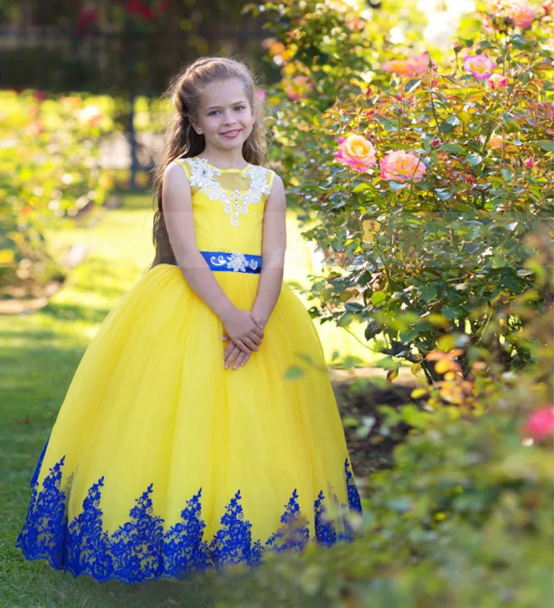 

Yellow Tulle Lace Flower Girl Dress for Wedding Keyhole Back Corset Girls Pageant Gown Princess Birthday Dress
